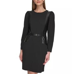 Dkny Women's Mix Media Faux Leather Trim Long Sleeve Buckled Belt Dress Size 12